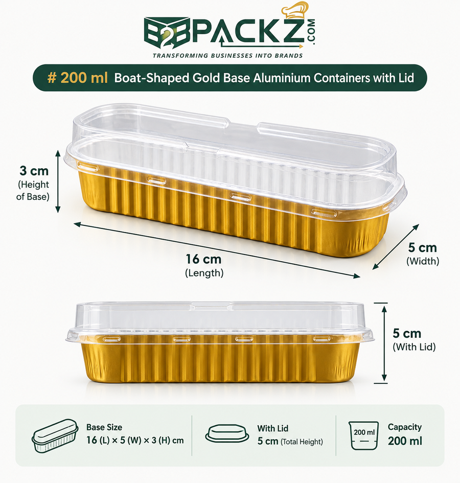 200 ml Boat-Shaped Gold Base Aluminium Containers with Lid
